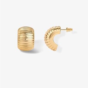 Gold Ribbed Hoop Stud Earrings - Women